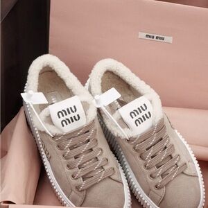 Miu Miu Taupe Sneakers with Shearling Trim